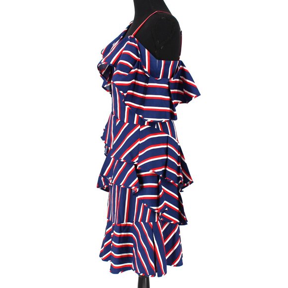NWT Alice + Olivia Laflora Asymmetric Ruffle Striped Poplin Dress Off Shoulder 4 - Picture 5 of 7